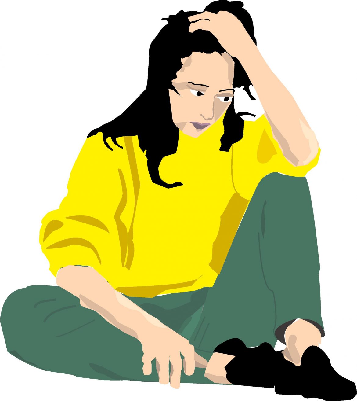 drawing of a girl in yellow sweater in distress