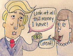 political cartoon with beige background and donald trump speaking to a woman