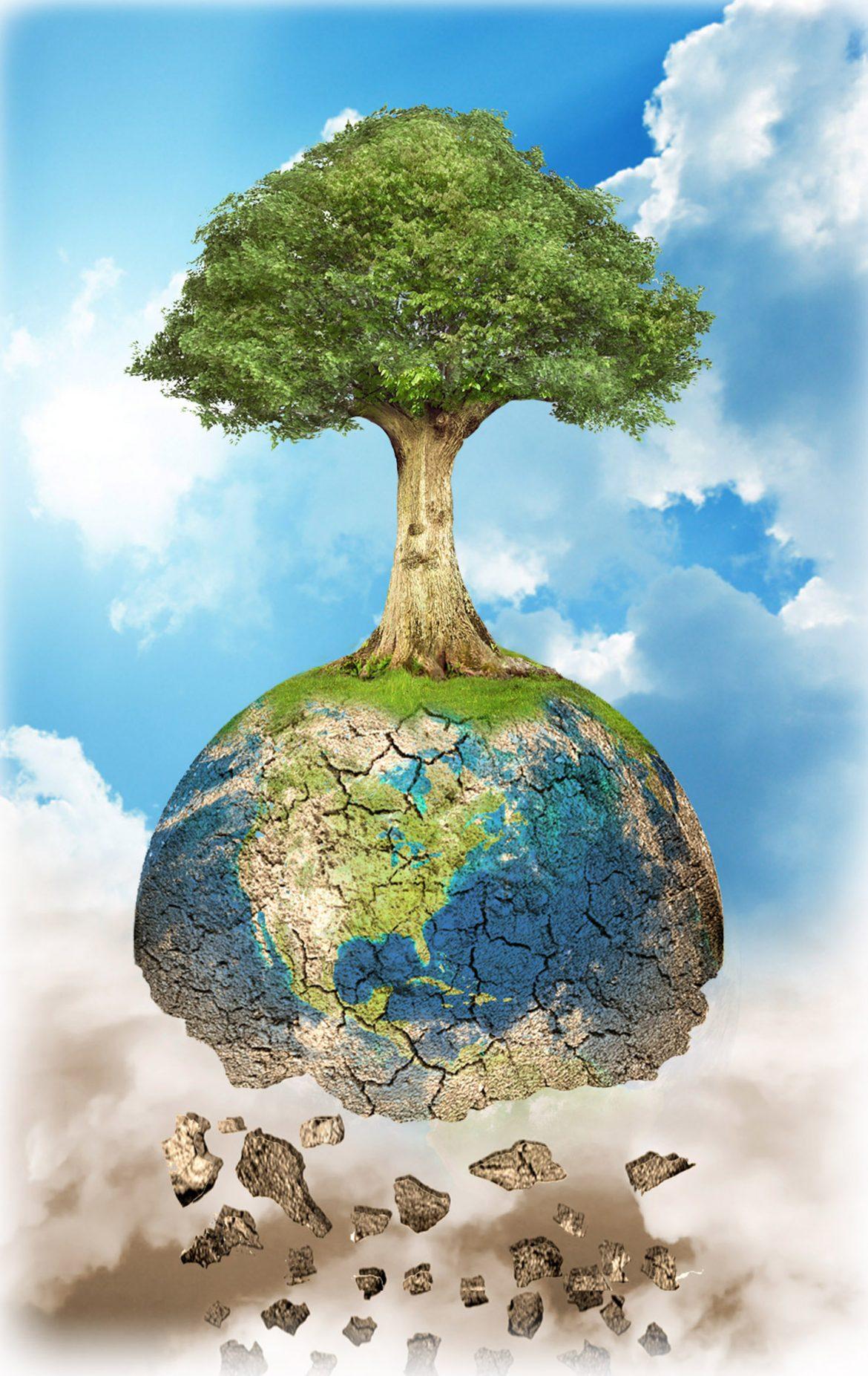 a+large+green+tree+on+top+of+a+shattering+Earth+thats+floating+in+the+sky