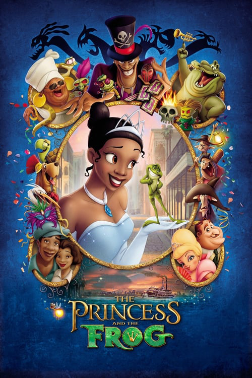 animated princess with various characters surrounding her and a blue background