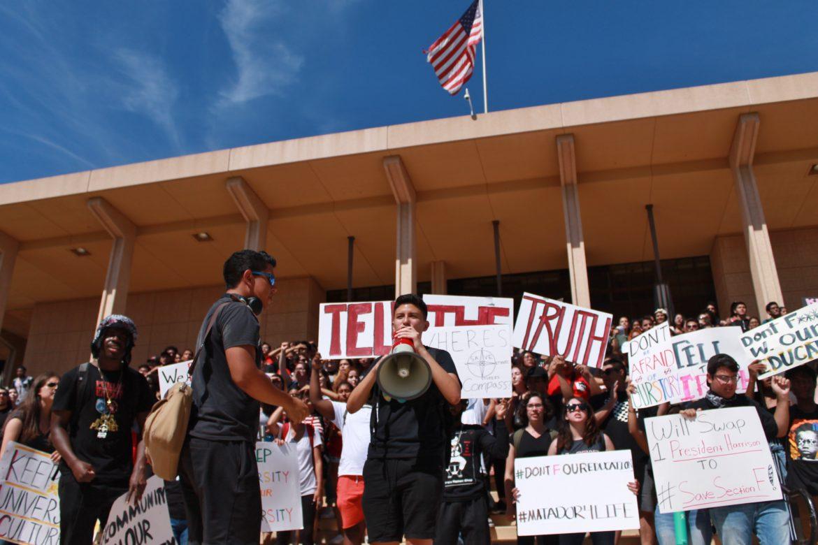student protesters in front of library
