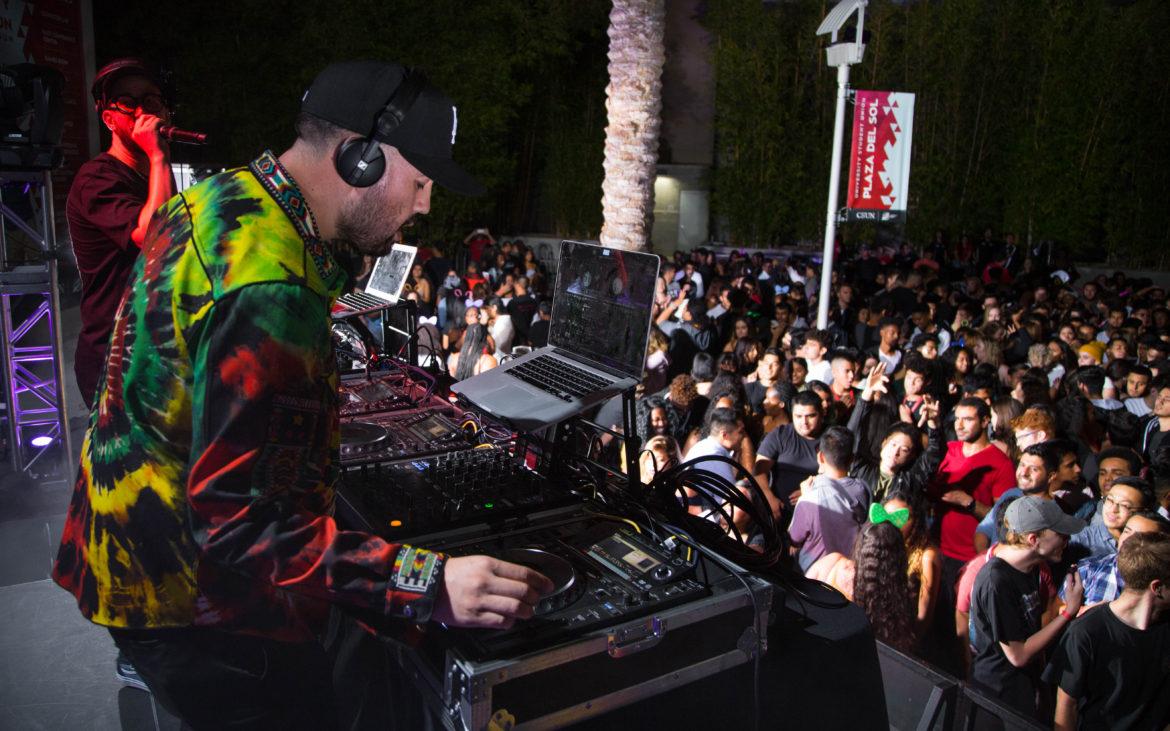 LA Leakers DJ duo Justin Credible (far left) and Sourmilk (left) excite the crowd during Matador Nights 2018. Photo credit: John Hernandez