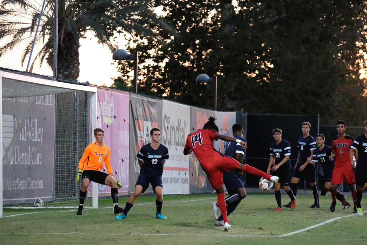 Nicholas Grinde getting a shot on target that gets blocks by the goalie during the first half of CSUN's game vs San Diego on Sunday 9/23/18 Photo credit: Jose Morales