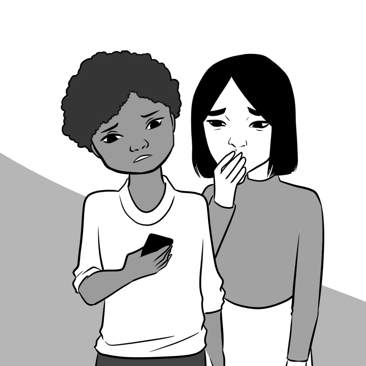 Aanimated drawing of two girls with worried faces looking a electrial device.
