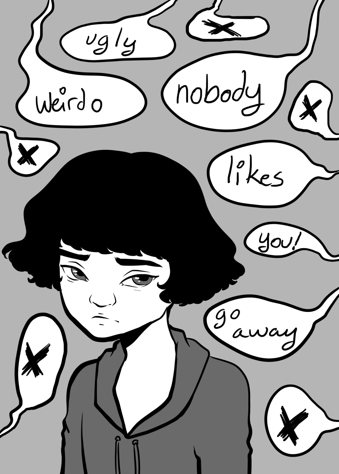 A illustration with a girl surrounded by a lot of offensive words.