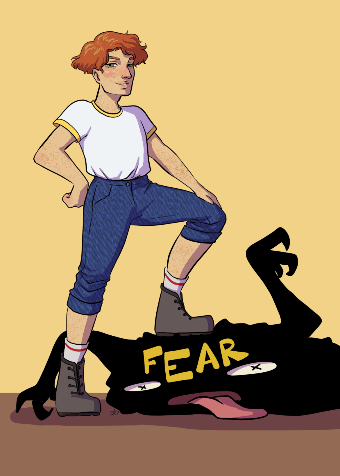 A female figure with her foot on a black object with a FEAR sign on it.