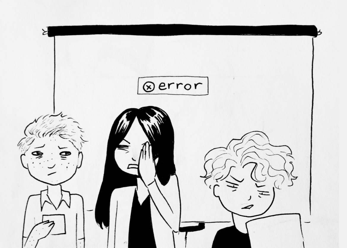 A drawing of three students, and there is a error sign in the middle