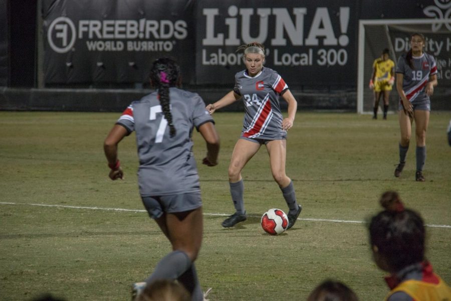A CSUN Womens Soccer player trying to take a shot