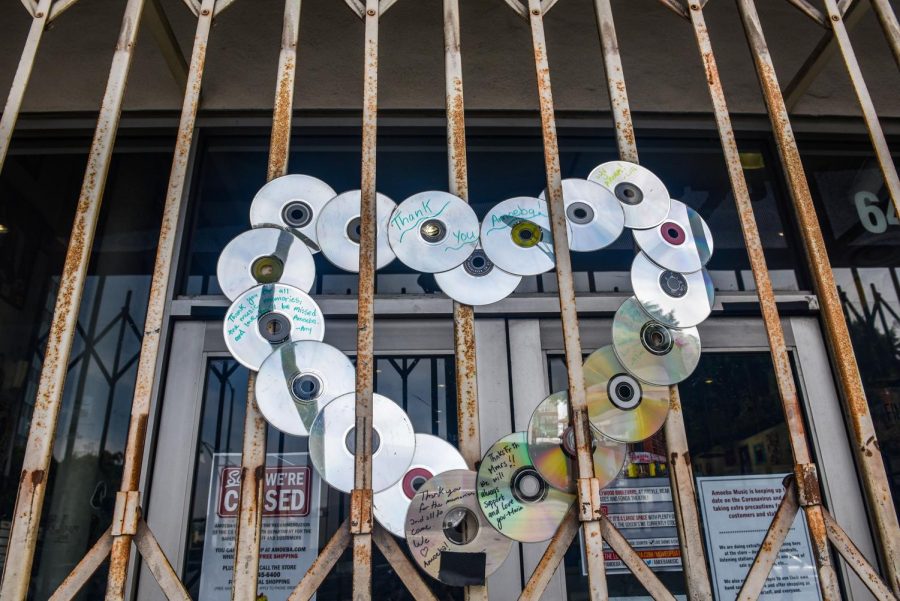 Fans place a heart made of CDs outside of Amoebas Hollywood location. 