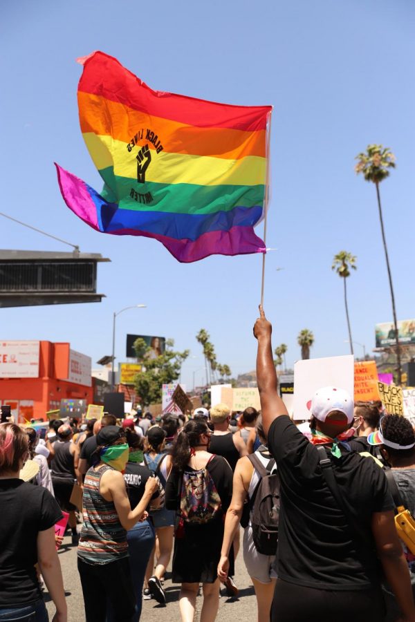 Hundreds of protesters march during the All Black Lives Matter solidarity march in Hollywood, California.