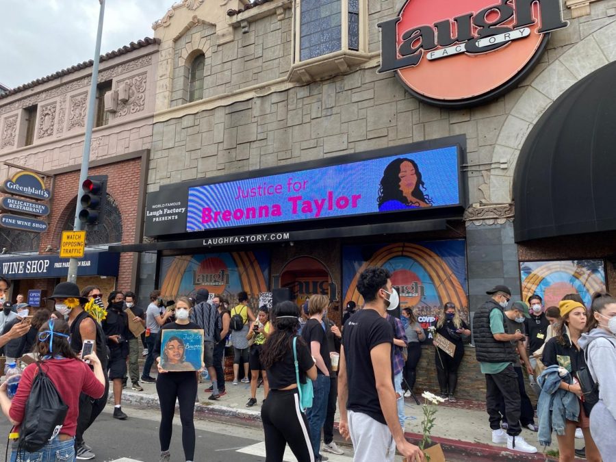 Protesters seeking justice for Breonna Taylor gather outside of  Laugh Factory in West Hollywood.