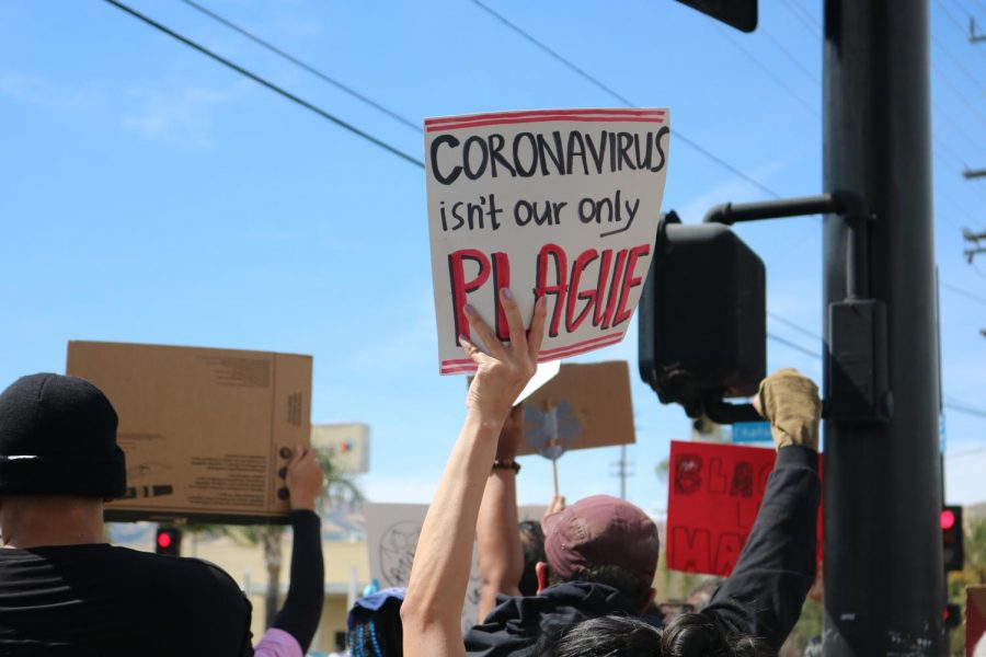 Protester holds up a sign that says Coronavirus isnt our only plague. 