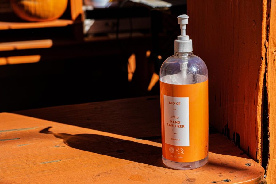 Hand sanitizer put on the table for customers at Tapia Brothers Farm in Encino, Calif., on Thursday, Oct 29, 2020.