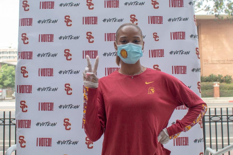 Bailey Lear, a member of USC Track and Field, poses for a photo after voting at the Galen Center at USC in Los Angeles, Calif., on Tuesday, Nov. 3, 2020. Its great to see the turn out weve had and everyones effort to go out and do their civic duty, Lear said.