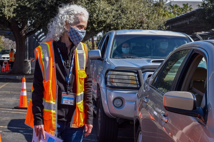 Barbara Ferrer, director of the Los Angeles County Department of Public Health, speaks to patients who received the COVID-19 vaccine at the CSUN distribution site on Saturday, Feb. 13, 2021.