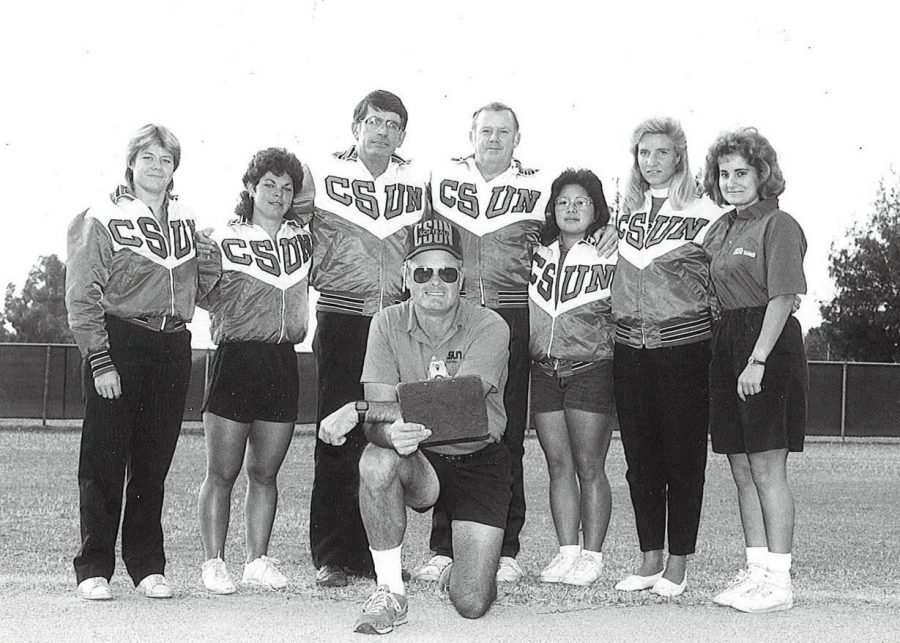 Former head softball coach Gary Torgeson, kneeling at the front center, passed away on March 21, 2020. Torgeson was CSUNs head football coach for four seasons before he became head coach for the softball team.