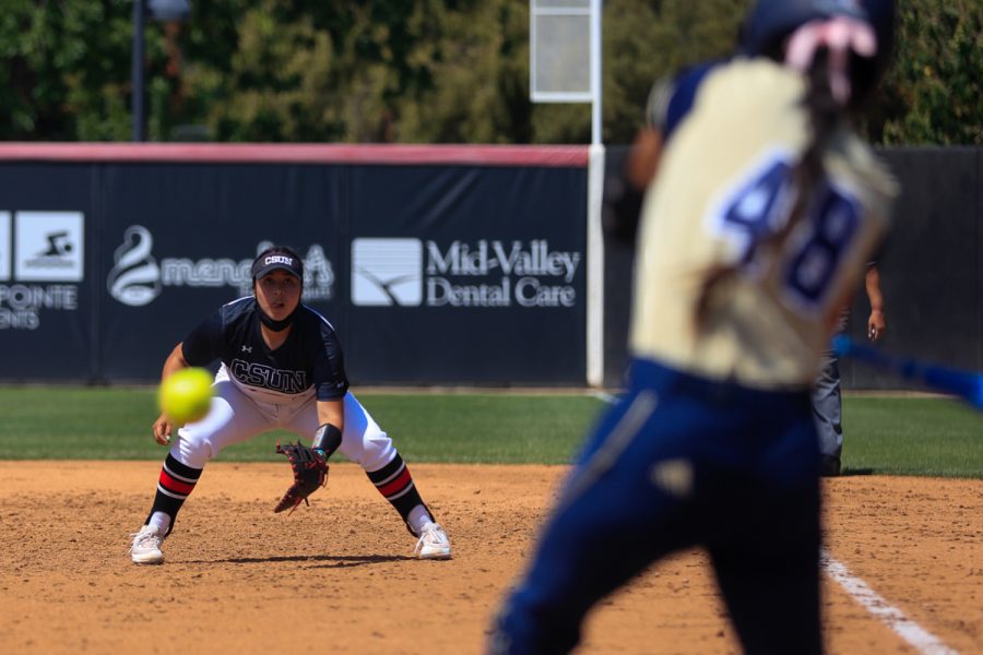 Paloma Usquiano focuses on the at-bat during the first game of a doubleheader against the UC Davis Aggies in Northridge, Calif. on Friday, April 16, 2021. The Matadors lost both games 4-2 and 3-1.