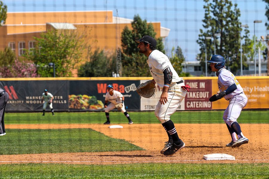 Jason Ajamian protects first base during the second game of the series against UC Irvine at Matador Field in Northridge, Calif., on Saturday, April 3, 2021.