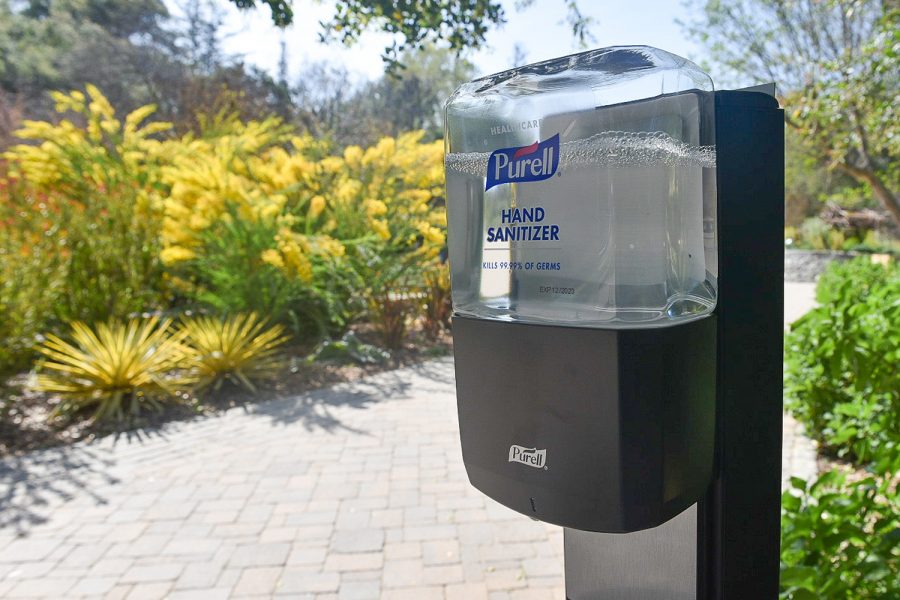 Hand sanitizer stations are placed at various places throughout the Descanso Gardens.