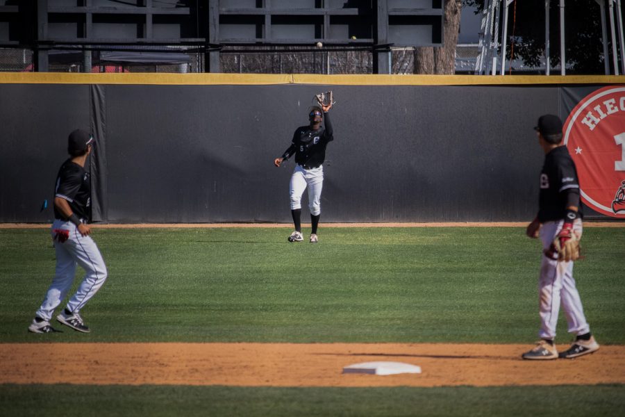 Denzel Clarke catches a fly ball against the UC Riverside Highlanders at Matador Field in Northridge, Calif., on Friday, April 16, 2021. The Matadors lost 6-5 in 11 innings.