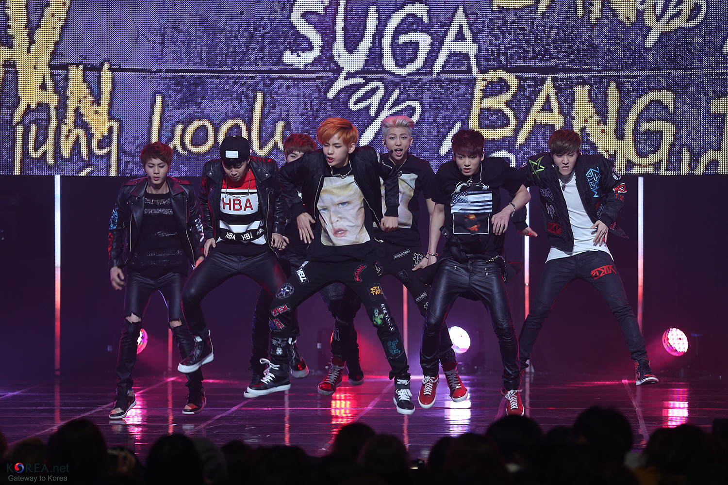 BTS members Jin, far left, Jimin, Suga, V, RM, Jungkook and J-Hope performing Boy in Luv on Mnets M COUNTDOWN IN 2014. 