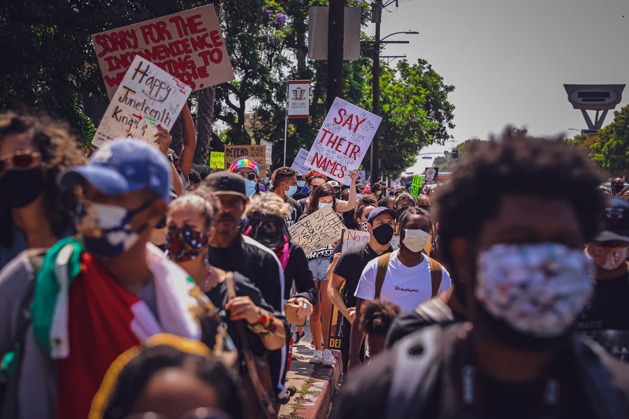 Protesters marched down Martin Luther King Jr. Boulevard to celebrate Juneteenth in Crenshaw, Calif., on June 19, 2020.
