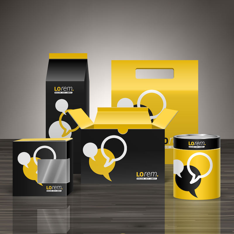 Black+and+yellow+promotional+package+design+for+corporate+identity+with+dialog+clouds.