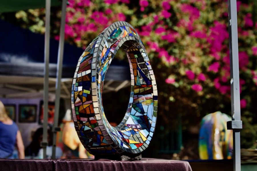 A mosaic art piece by local artist Charles Sherman is displayed at a community art fair organized and hosted by The Museum of The San Fernando Valley in Northridge, Calif. on Sept. 18, 2021.