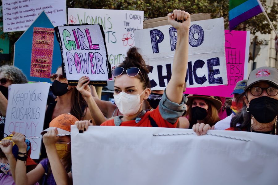 A+protester+at+the+front+line+marches+for+abortion+justice+in+downtown+Los+Angeles%2C+Calif.%2C+on+Oct.+2%2C+2021.+Rallies+took+place+across+the+country+in+response+to+the+Texas+Heartbeat+Act%2C+which+places+a+ban+on+providing+abortion+services+in+Texas+after+six+weeks+gestation.+The+march+began+in+Pershing+Square+and+ended+at+the+steps+of+City+Hall+with+thousands+in+attendance.