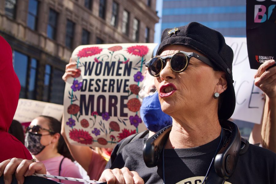 A protester at the front line marches for abortion justice in downtown Los Angeles, Calif., on Oct. 2, 2021. The march began in Pershing Square and ended at the steps of city hall with thousands in attendance.