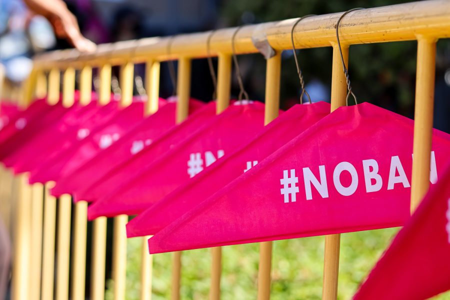 LOS ANGELES CA OCT. 2, 2021 - A detail of hangars hanging on a fence in Grand Park that read #NOBAN at the March for Women’s Reproductive rights organized by Women’s March in Downtown Los Angeles Oct. 2, 2021.