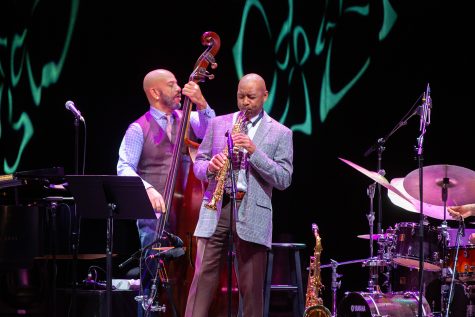 Branford Marsalis, front, plays the saxophone while Eric Revis plays the double bass. Photo provided by Ricki Quinn, the digital marketing manager for the Soraya.