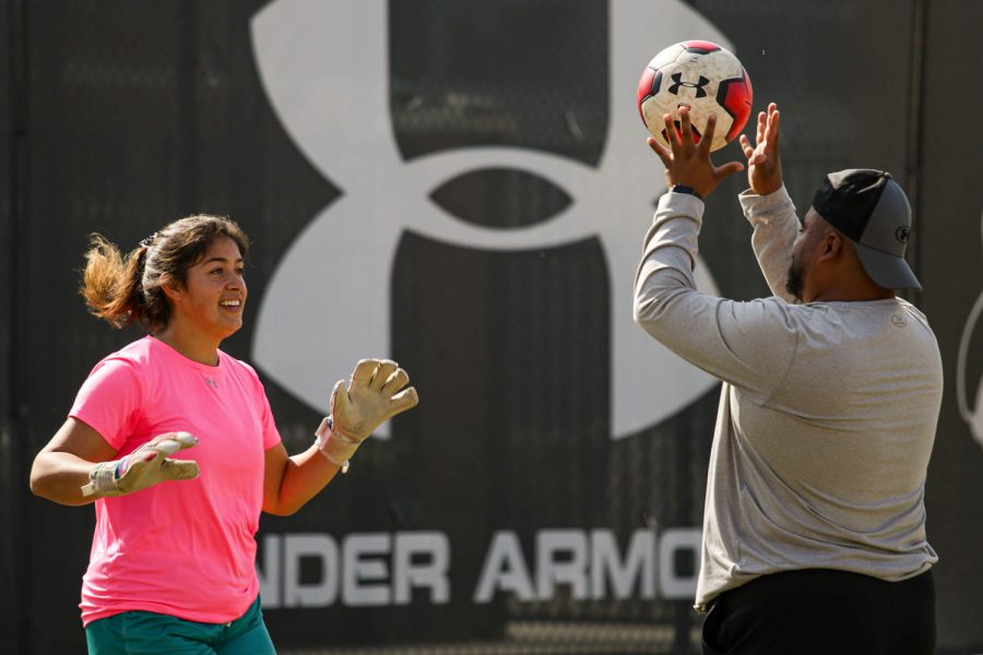 CSUNs goalkeeper Elizabeth Bornhauser practices with assistant coach Tony Castro before the last game of the season against CSU Bakersfield at the Performance Field in Northridge, Calif., Sunday, Oct. 31, 2021. The Matadors lost 2-0.