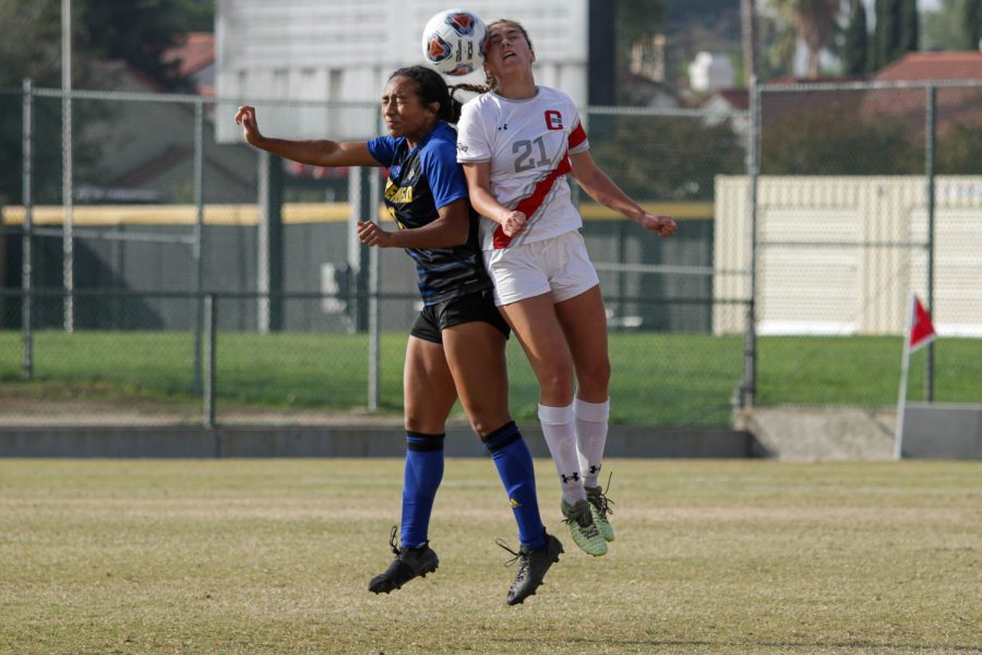 CSU Bakersfields Darian Tatum, left, and CSUNs Ashly Torres jump to get the ball during the last game of the season at the Performance Field in Northridge, Calif., Sunday, Oct. 31, 2021. The Matadors lost 2-0.