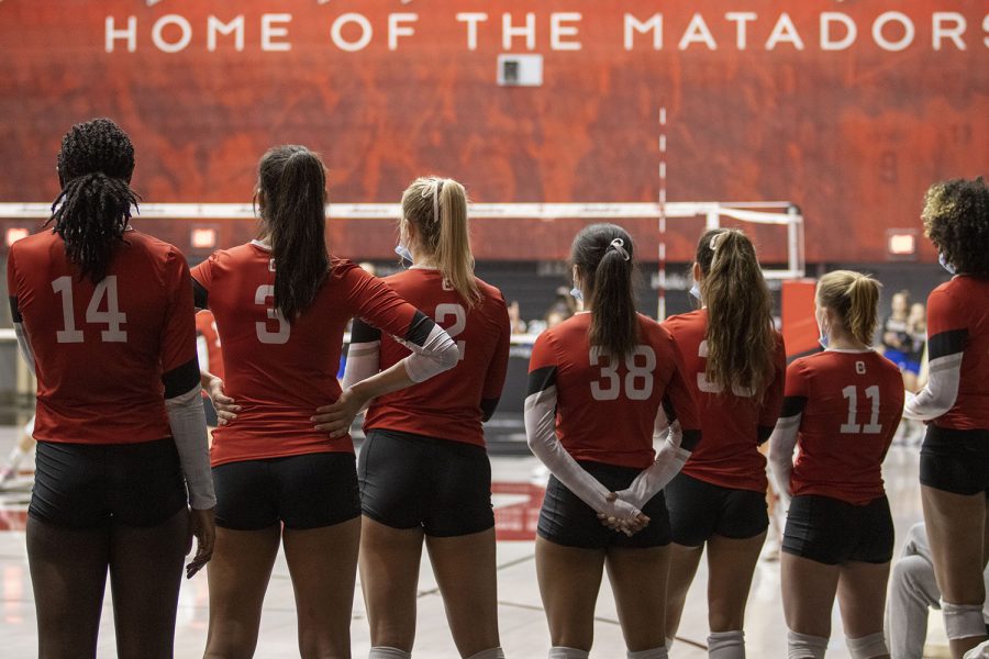 The CSUN women’s volleyball teams substitute players watch their teammates during the match against the Cal State Bakersfield Roadrunners in the Matadome in Northridge, Calif., on Saturday, Nov. 6, 2021.