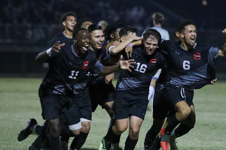 The+CSUN+mens+soccer+team+celebrates+after+midfielder+John+Andersen+scores+a+goal+during+their+match+against+the+UCSB+Gauchos+at+Performance+Field+in+Northridge%2C+Calif.%2C+on+Saturday+Oct.+30%2C+2021.+The+Matadors+won+2-0.