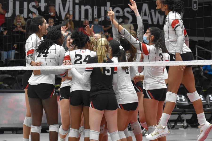 The CSUN womens volleyball team celebrating the win against Cal Poly Mustangs in the Matadome in Northridge, Calif., on Friday, Nov. 5, 2021.