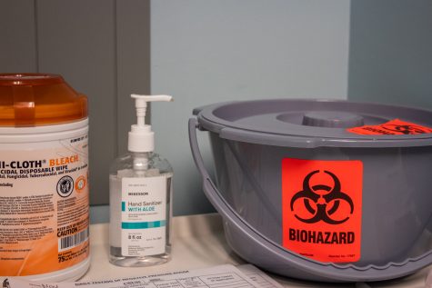The negative pressure room is equipped with a bucket for hazardous materials, as well as sanitizing wipes and a hand sanitizer in Northridge, Calif., on Wednesday, Nov. 3, 2021.