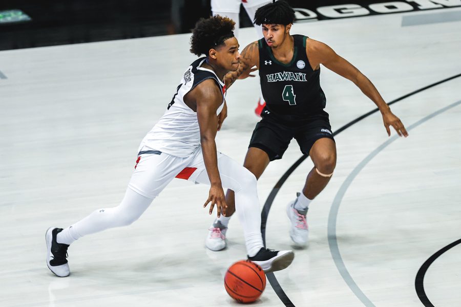 Atin Wright, left, drives past Hawai'i's Noel Coleman during the first half of their game between the Matadors and the Rainbow Warriors in the Matadome in Northridge, Calif., on Feb. 19, 2021.