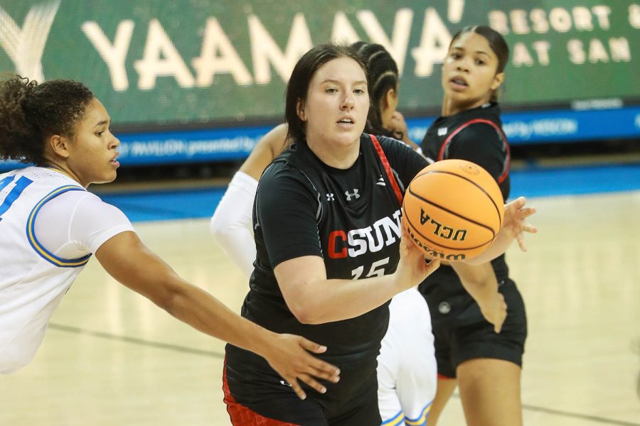 CSUN womens basketball player holding the ball