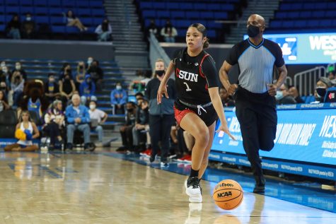 Jordyn Jackson dribbles the ball down the court during the game against UCLA in Los Angeles, Calif. on Nov. 20, 2021.