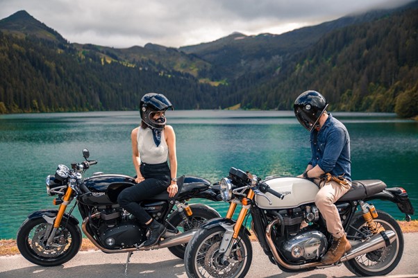 woman+and+man+on+motorcycles+by+a+lake