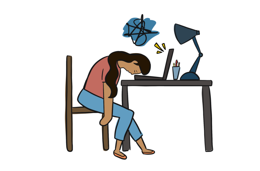 A illustration of a woman seating on the chair and with her head at the table, and a computer having a notification popping up