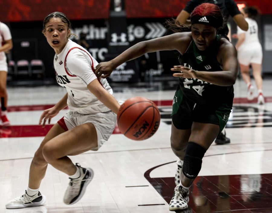 Sydney Woodley (2) loses the ball to Nae Nae Calhoun (24) at The Matadome during a home game in Northridge, Calif., on Jan. 29, 2022. The Matadors lost 67-76 to the University of Hawaii.