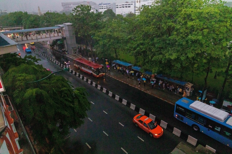 A+high+angle+shot+of+vehicles+on+the+street+surrounded+by+trees+and+people+standing+under+bus+stop+shelter+during+rain