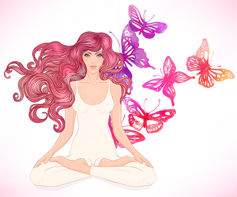 illustration+of+woman+with+long+hair+sitting+in+Lotus+pose+with+butterflies+on+background