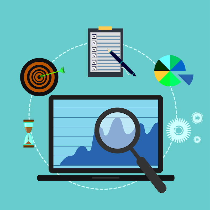 Business analysis illustration with laptop and abstract infographic elements