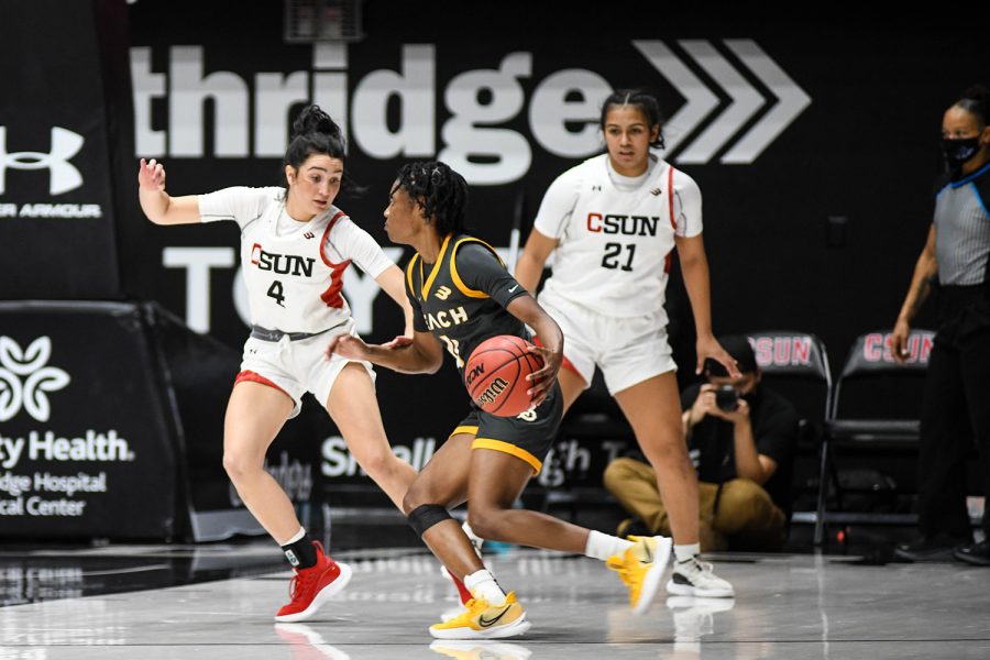 MaQhi Berry of Long Beach State plays basketball against CSUN on Jan. 15, 2022, in Northridge, Calif.