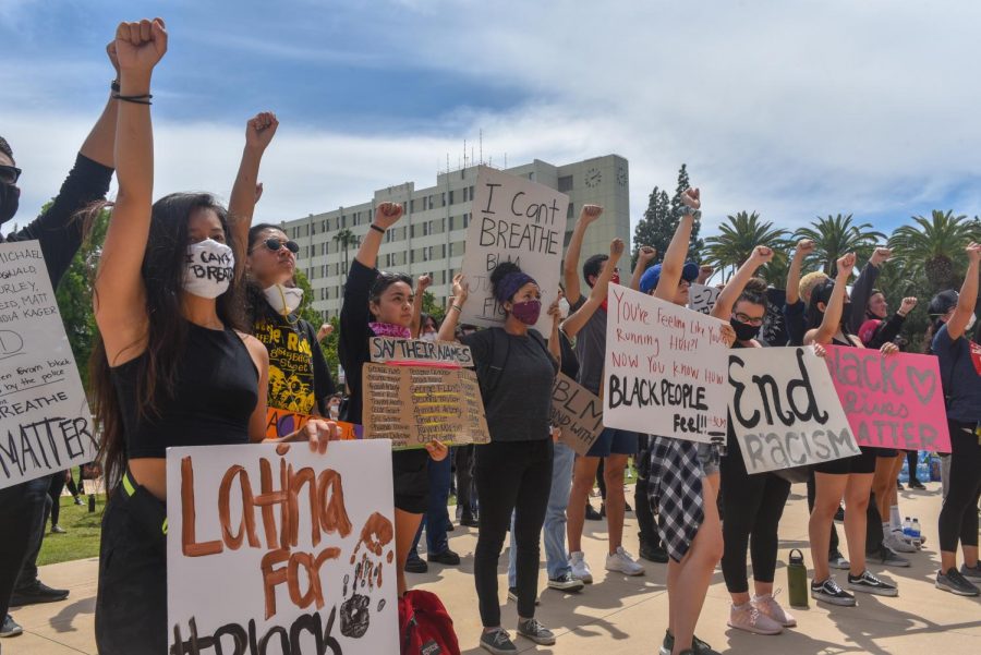 A George Floyd protest in front of the University Library on June 2, 2020, in Northridge, Calif.