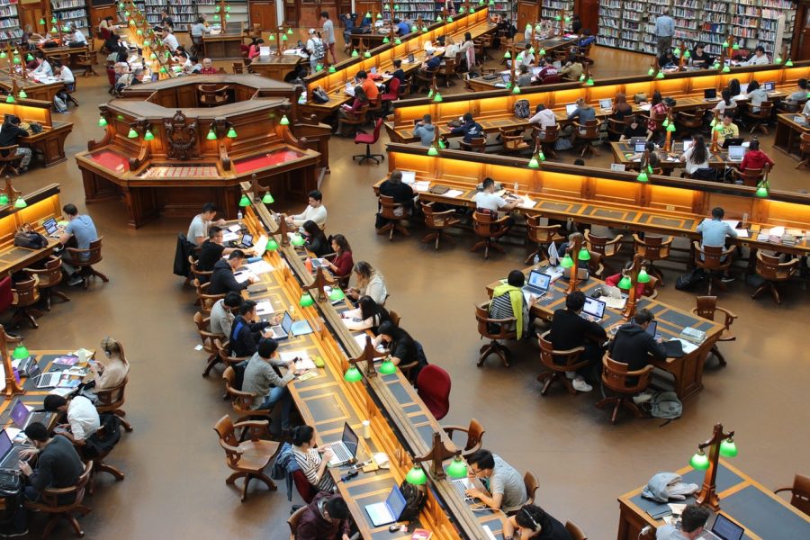 students studying in a large college library